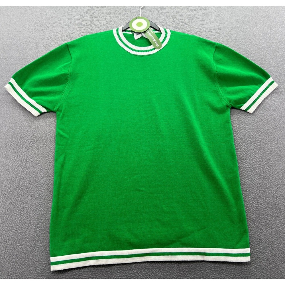 OXKNITSTORE Sweater Womens Green Varsity Stripe Cotton Knit Short Sleeve Large